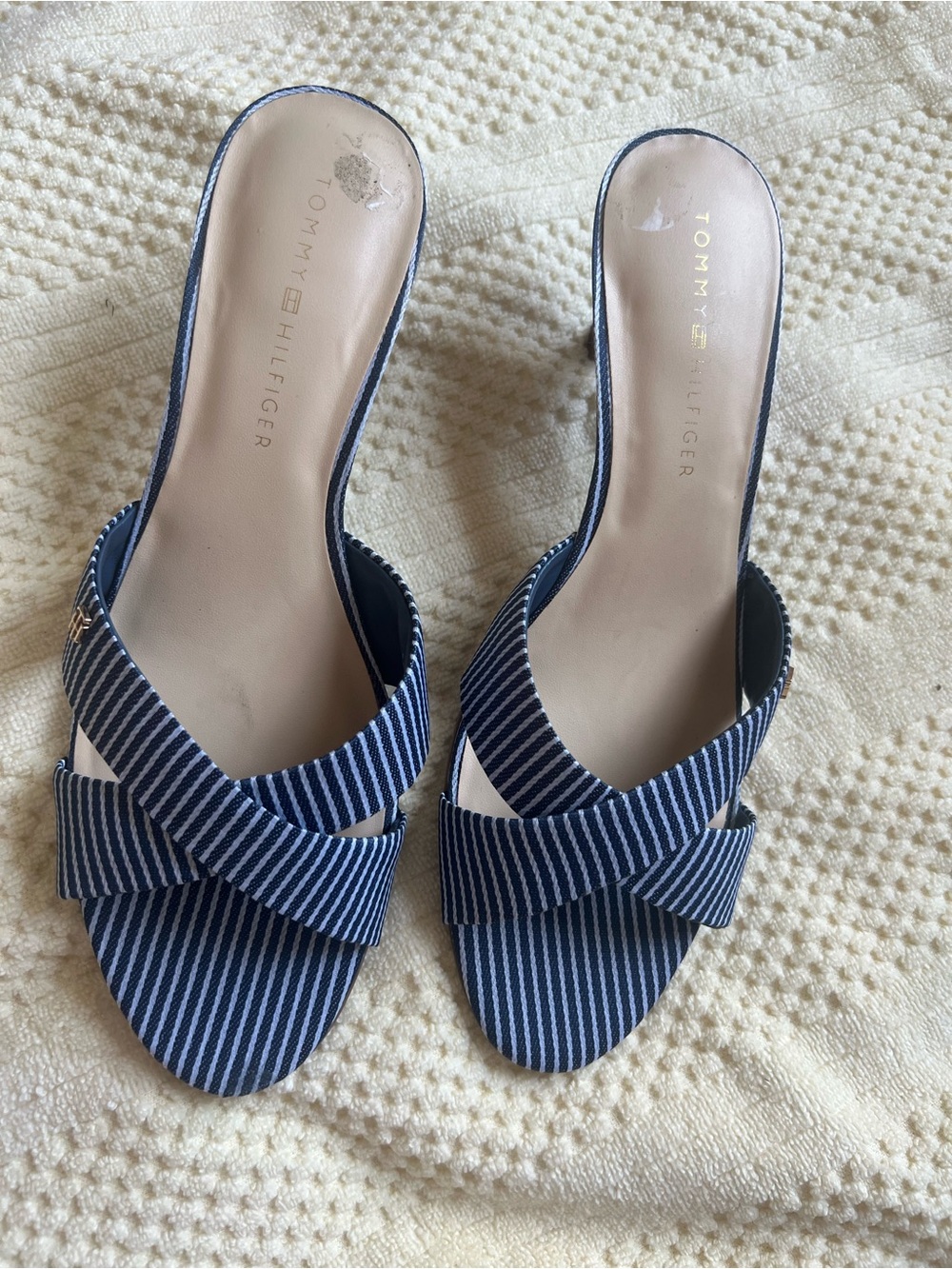 Tommy Hilfiger Navy and White Striped Slip-On Mules